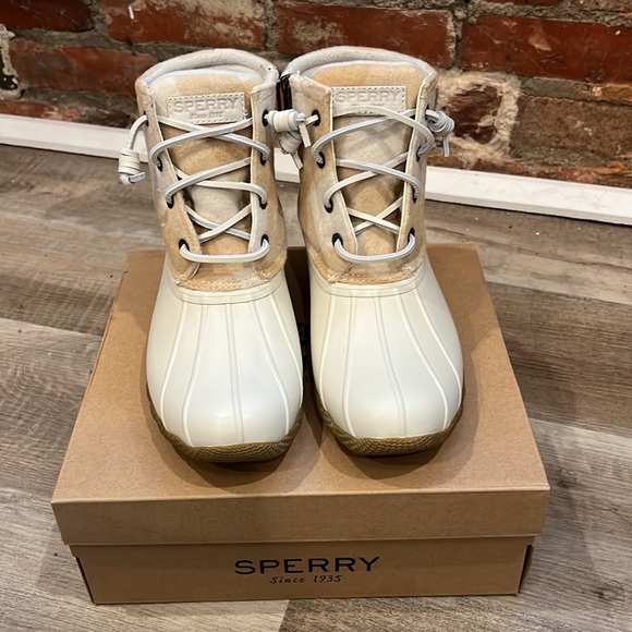 Sperry women’s saltwater Buffalo check duck boot Buffalo plaid wool shaft ivory - Picture 7 of 11